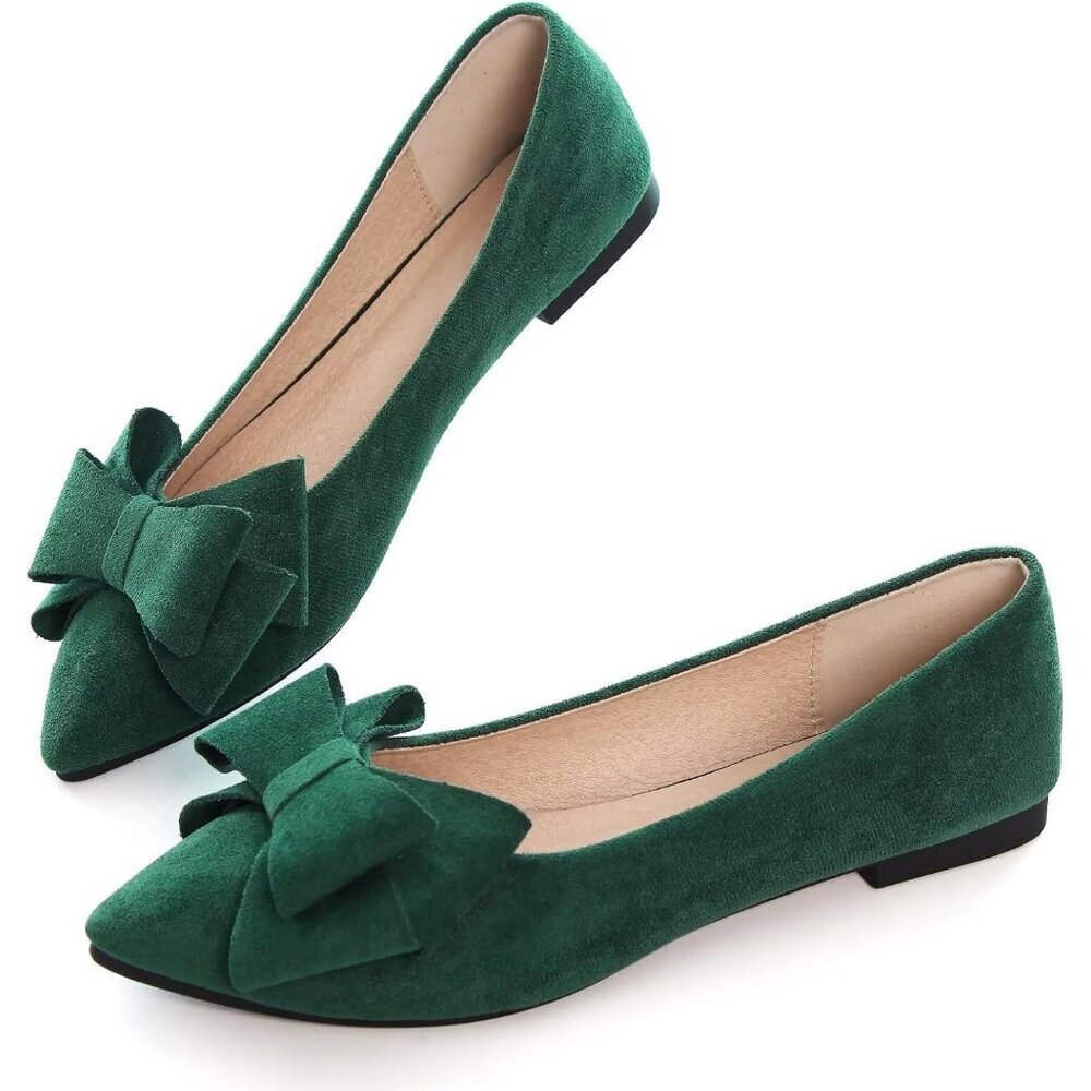 Women's Christmas Green Bowknot Ballet Flats Pointy Toe Casual Flat Shoes Suede - Picture 3 of 7